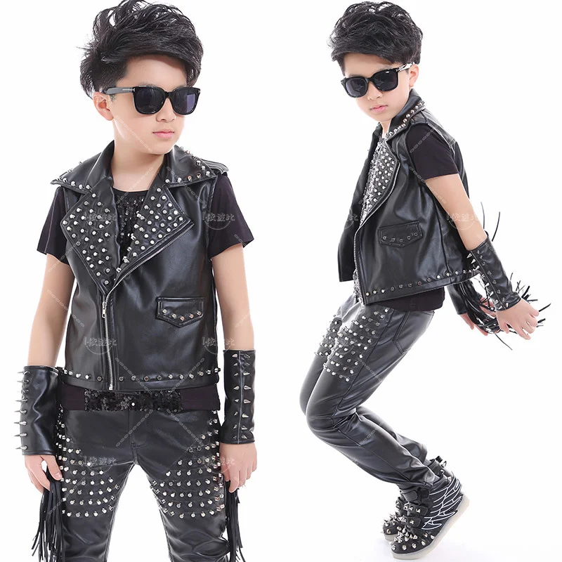 Trajes de escenario de Jazz para niños, trajes de baile callejero, pantalones de cuero negro con uñas, chaqueta, chaleco, trajes de actuación en escenario