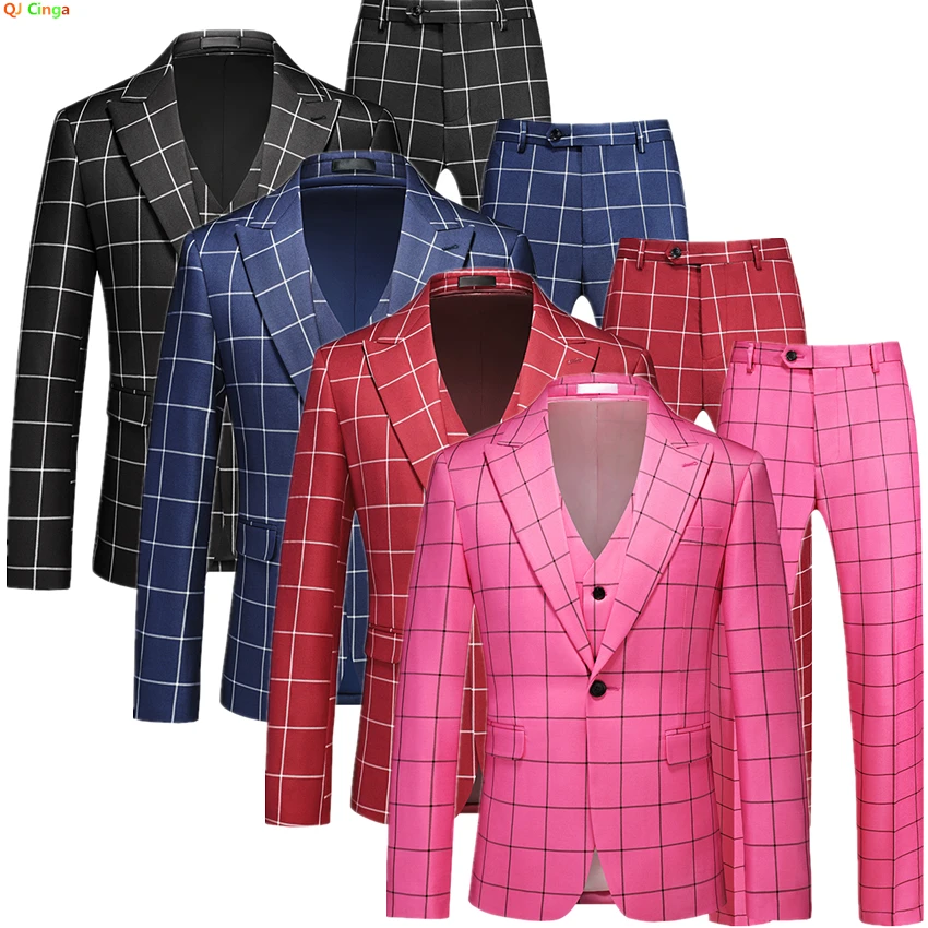 

Classic Plaid Men's Suit 3 Piece Set,Fashion Slim Fit Dress Jacket & Pants Vest,Red,Blue,Black,Asian Size M-5XL,6XL,Men Sets