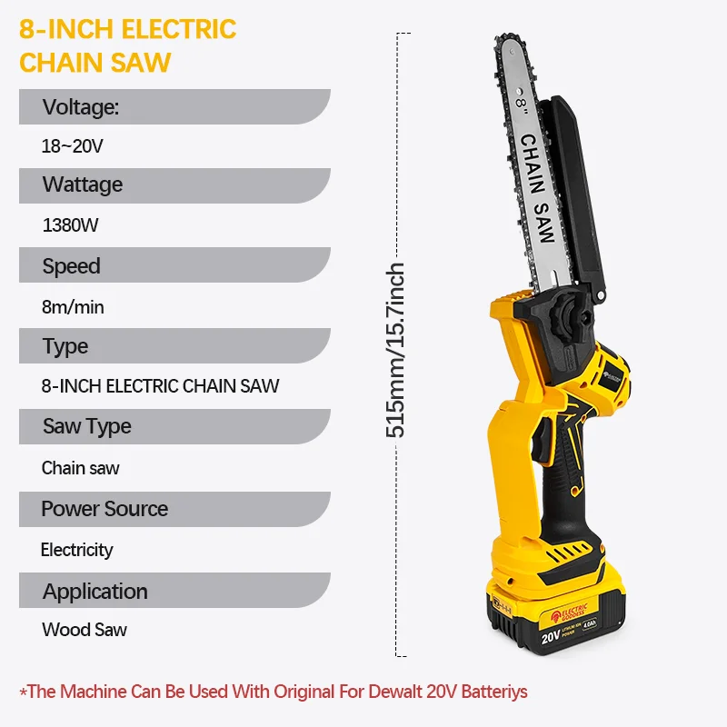 Electric Goddess Brushless 6/8in Electric Chainsaw 1380W Cordless Woodwork Cutting Garden Pruning Saw For Dewalt 20V Battery Pin