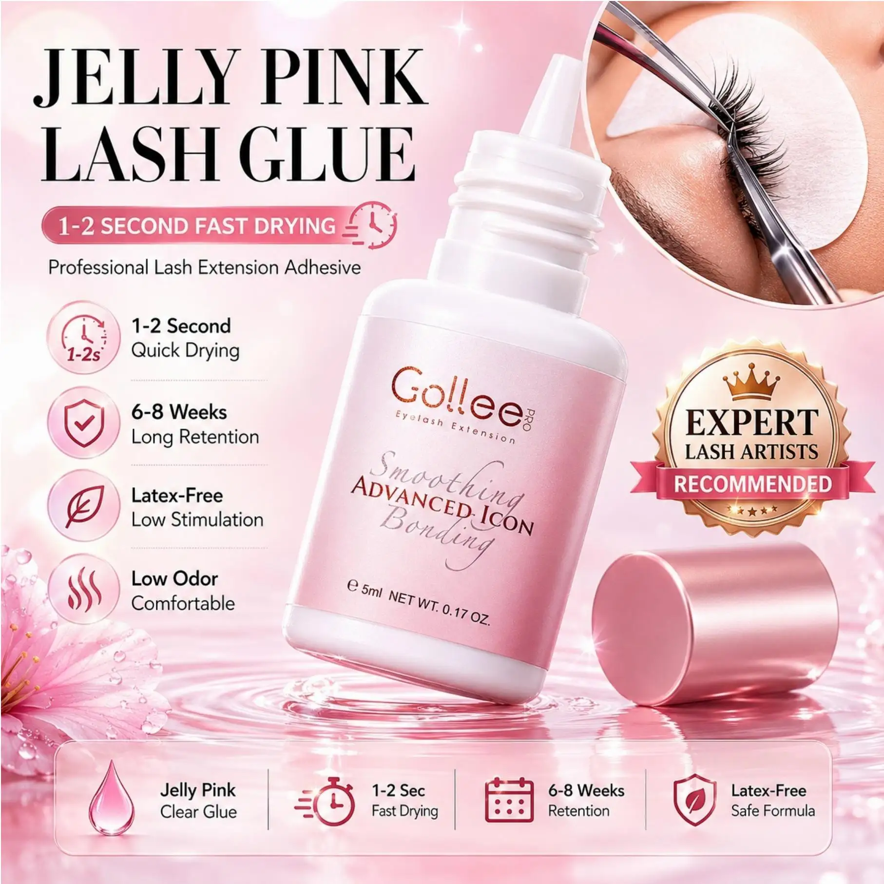 Pink Adhesive Gollee Eyelash Extension Glue 5ml Lashes Adhesive for Volume Lashes Individual Lashes Wholesale Price Own Logo