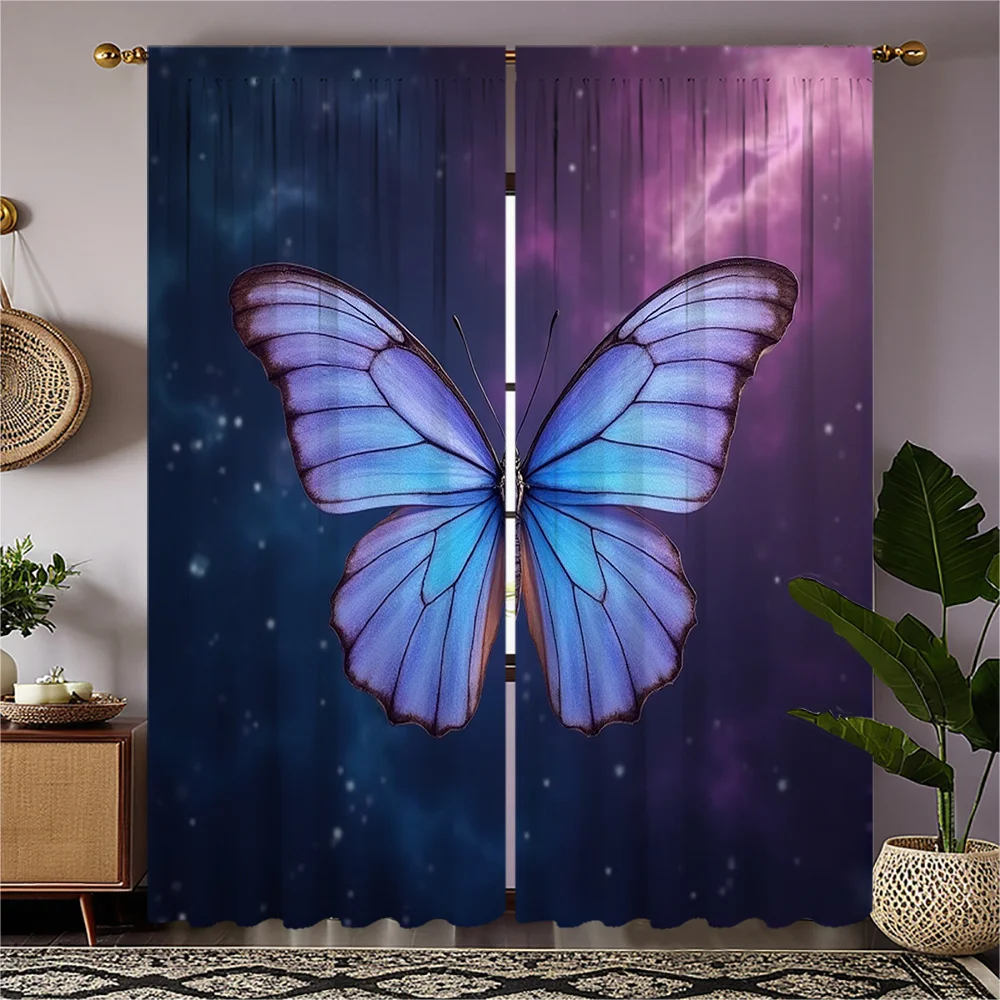 2pcs Blue Butterfly Cosmic Curtains - Vibrant Space-Themed Design with Starry Night & for Galaxy Print, Semi-Transparent Flannel