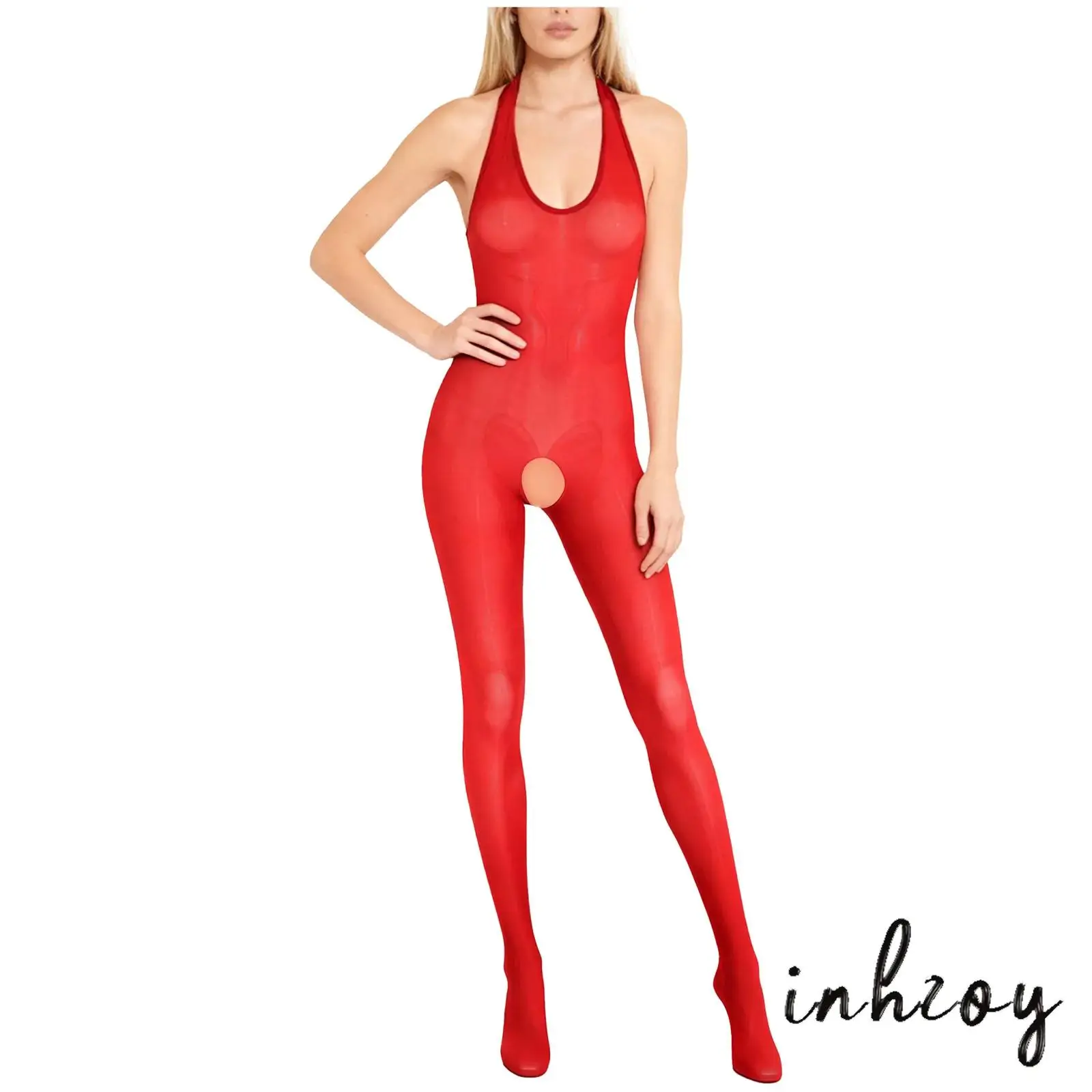 

Womens Glossy Crotchless Bodysuit Halter Low Neckline Sleeveless Open Back Footed Jumpsuit One-piece See Through Nightwear