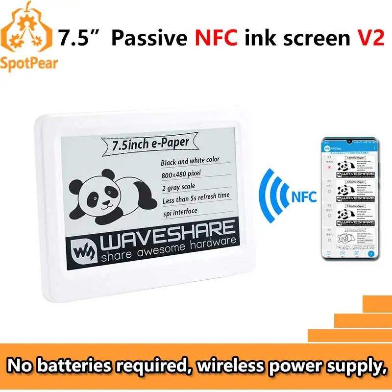 

7,5-дюймовый пассивный NFC e-Paper V2 BW-дисплей 7,5-дюймовый экран E-ink Не требуется батарея Беспроводная передача данных с питанием для мобильного приложения