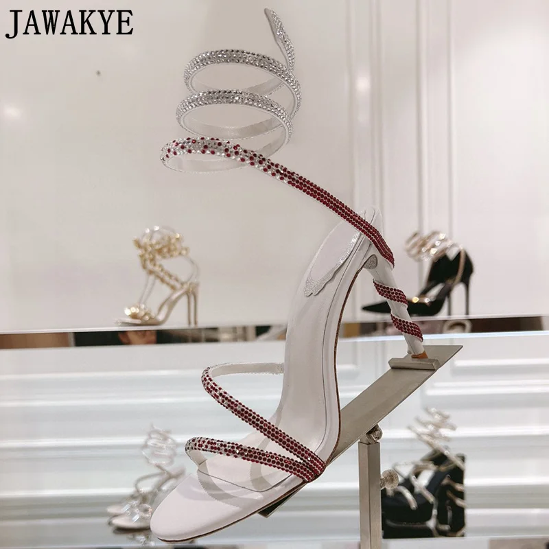 Summer High Heels Crystal Shoes Women Gladiator Sandals Open Toe Snake Circle Ankle Sexy Runway Party Dress Wedding Shoes Woman