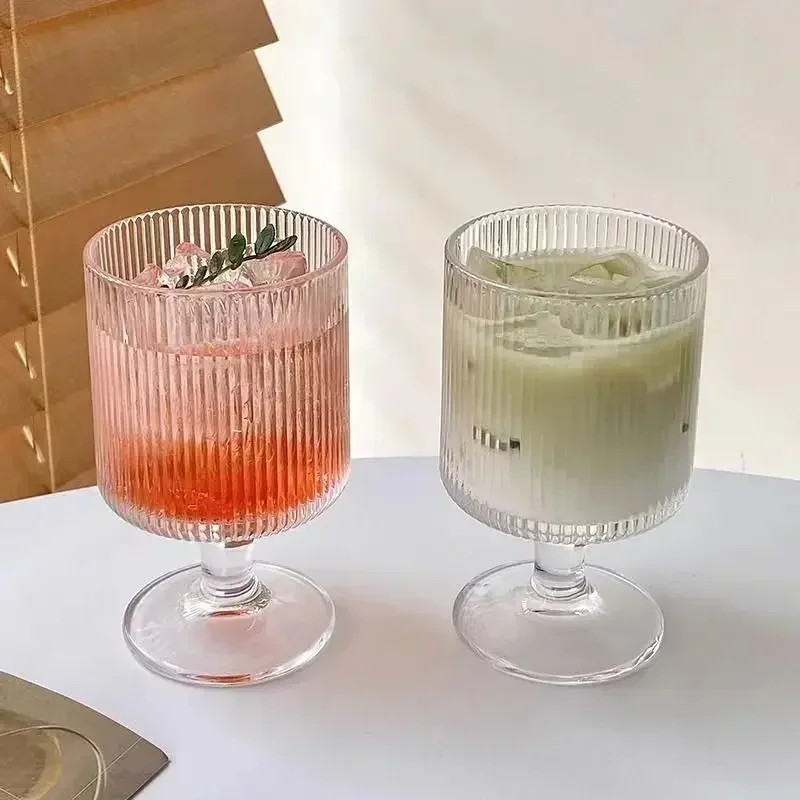 Retro Vertical Striped Glass Goblet Transparent Red Wine Cup Whiskey Cocktail Summer Kitchen Coffee Dinkware Gift Forwedding