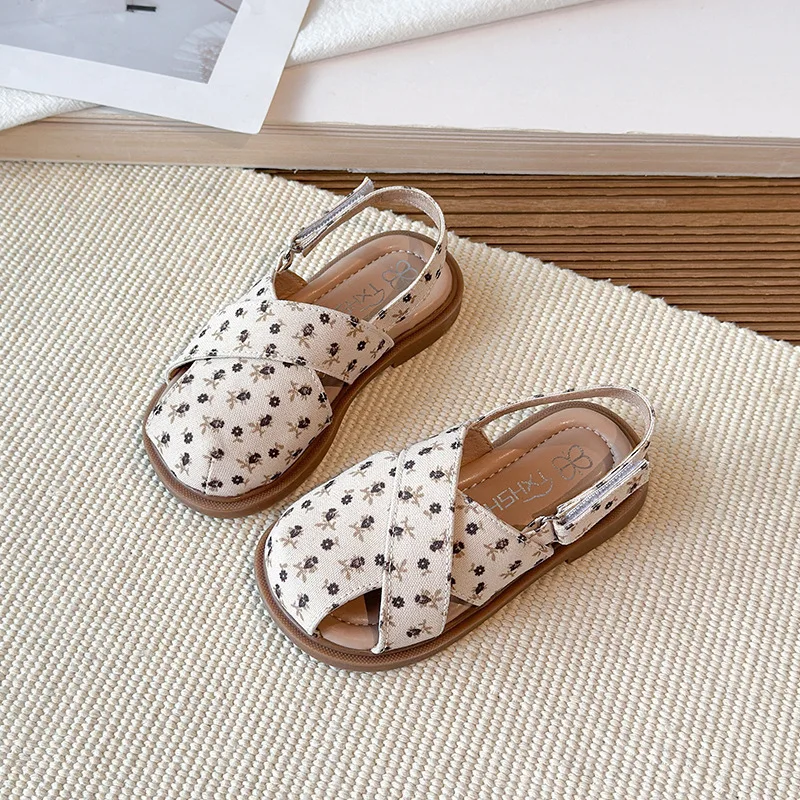 

Breathable Kids Flat Sandals School Perform Girls Princess Floral Sandals New Summer Cross Strap Children Beach Shoes Non-Slip