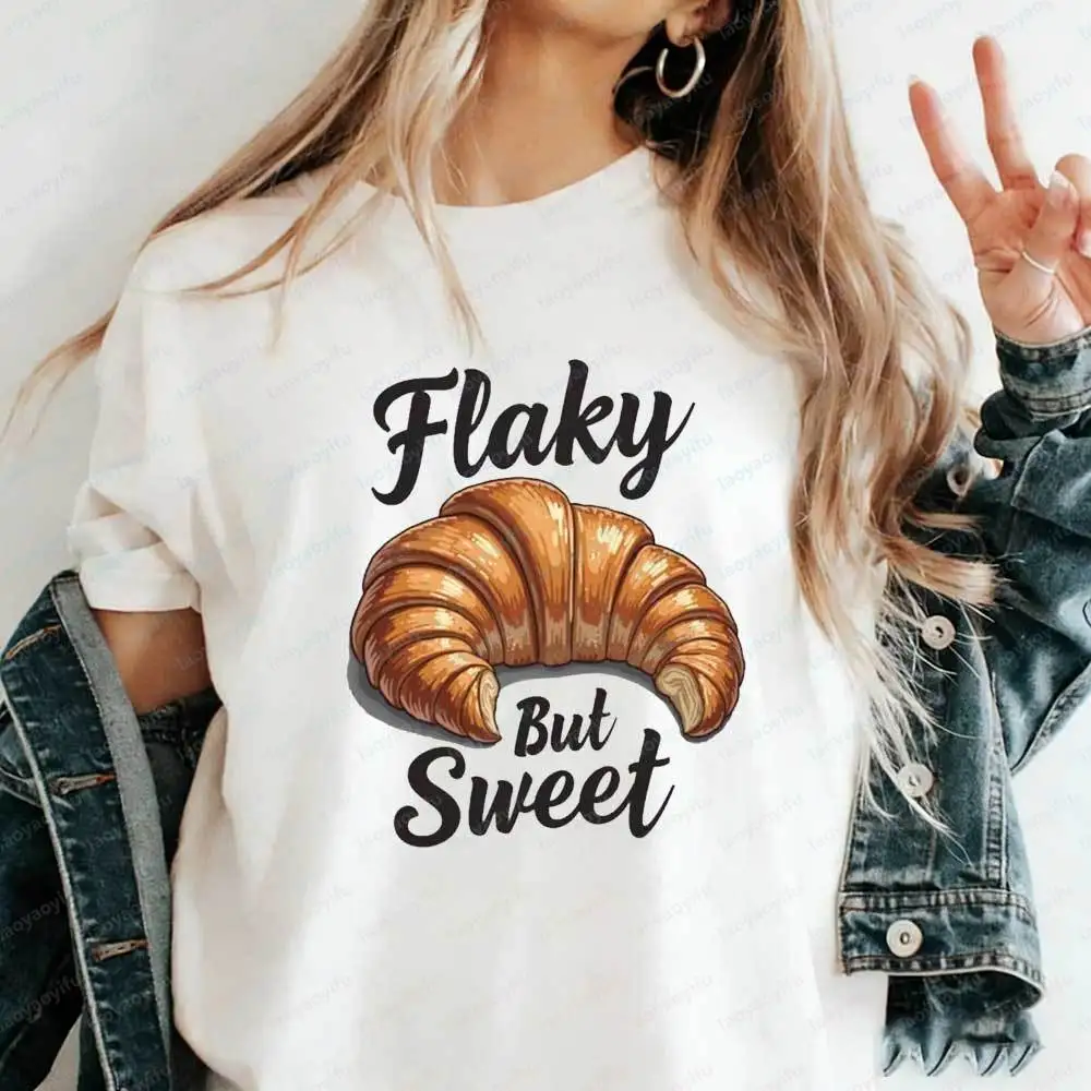Vintage Flaky But Sweet Croissant T-Shirt Cute Food Graphic Cotton Bakery Shirt Aesthetic Foodie Gift for Bakers & Food Lovers