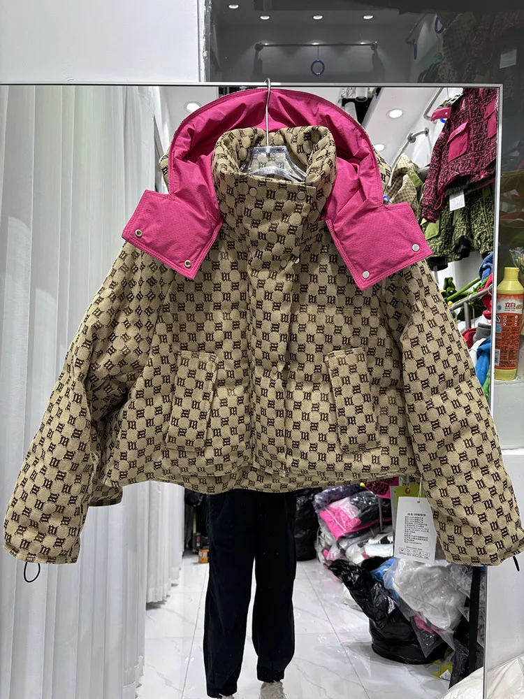 

2025 new winter down jacket women's short hooded European style fashion letter jacquard white duck down bread jacket coat