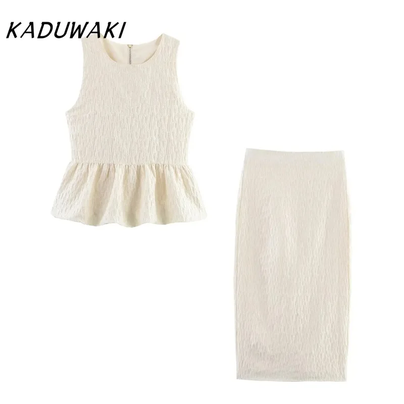 

KADUWAKI Summer Y2k 2pcs Sleeveless O-Neck Back Zipper Raised Decorations Short Skirt Style Tops+Split Hem High Waist Midi Skirt