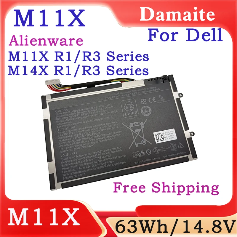 

New PT6V8 Laptop Battery 14.8V 63Wh For DELL Alienware P18G002 KR08P6X6 8P6X6 312-0984 T7YJR 8P6X6 R1 R2 R3 M11x M14x Series