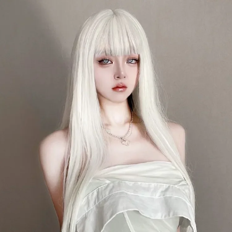 Whtie Wig with Bangs Long Straight Cosplay Wig for Party Fashion Lolita Headband Synthetic Wigs for Women