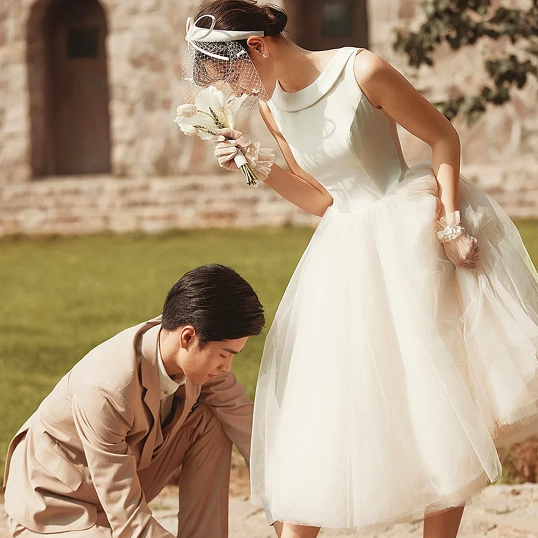 Abito da sposa a-line nuovo arrivo con ricamo in Tulle con scollo a o per la fotografia di viaggio