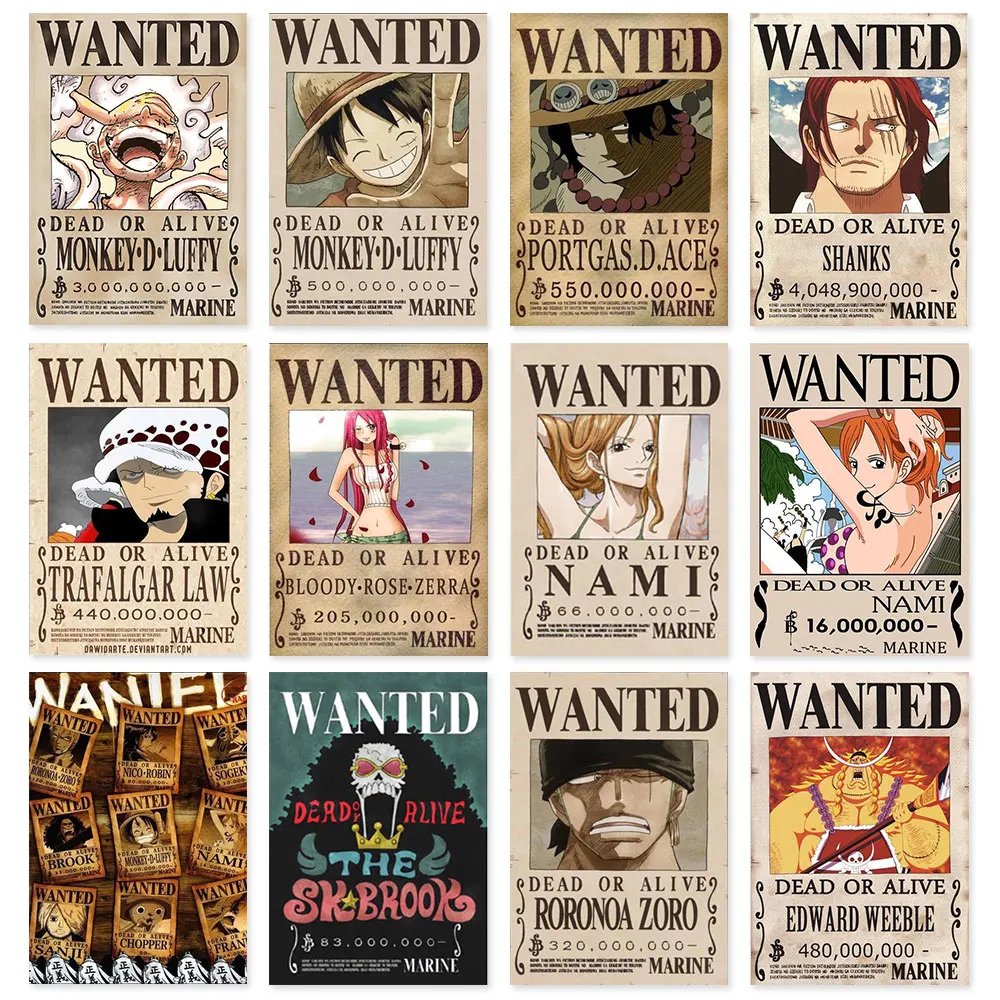 

Hot Anime One Piece Vintage Canvas Painting Luffy Bounty Wanted Posters Zoro Ace Picture for Living Room Wall Art Decor Cuadros