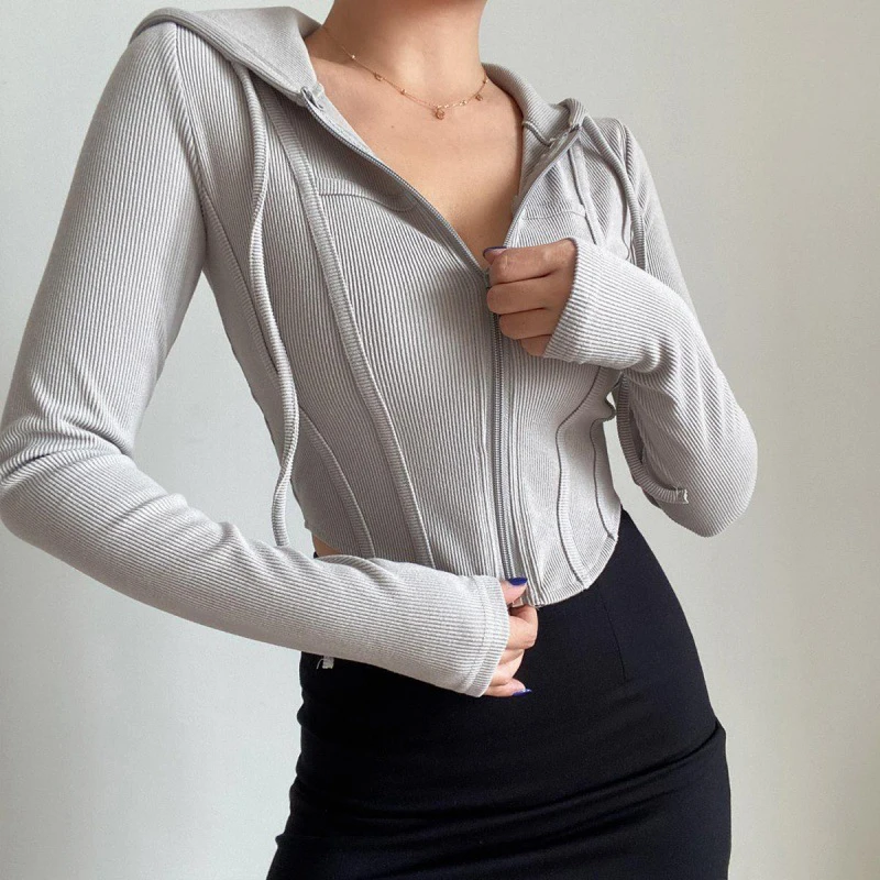 Y2k Grey Zipper Women Crop Coats Korean Slim Hooded Casual Female Crop Jackets Streetwear New Sports All Match Ladies Tops