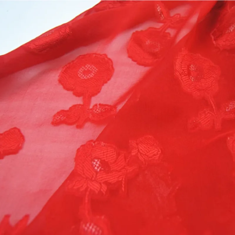 Tela de ópalo de seda de Lúrex metálico, flor roja, gran Material barato para ropa de mujer