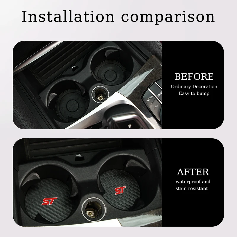 2Pcs Car Carbon Leather W ater Cup Pad Anti-noise Coaster Mat For Ford ST Focus mk2 mk3 Fiesta mk7 Ranger Mondeo mk4 S-MAX Kuga - view 3