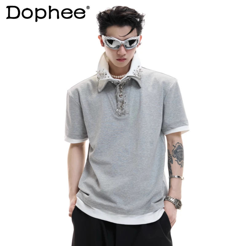 

Men's Women's 2025 Spring Summer New Double-layer Contrast Color T-shirts Pin Metal Buckle Design Tees Cotton Short-sleeve Tops