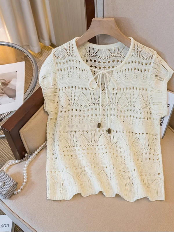 

Ele Embroidered Hollow out Knitwear ort Sve Women's Summer plus Size Cotton Blend Comfortable V-Ne Casual Top