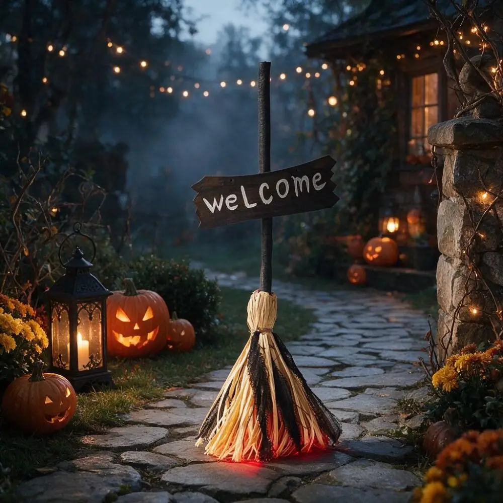 Voice-activated Halloween Witch Broom LED Light with Welcome Sign Halloween Electric Broom Flexible Handle Battery-powered