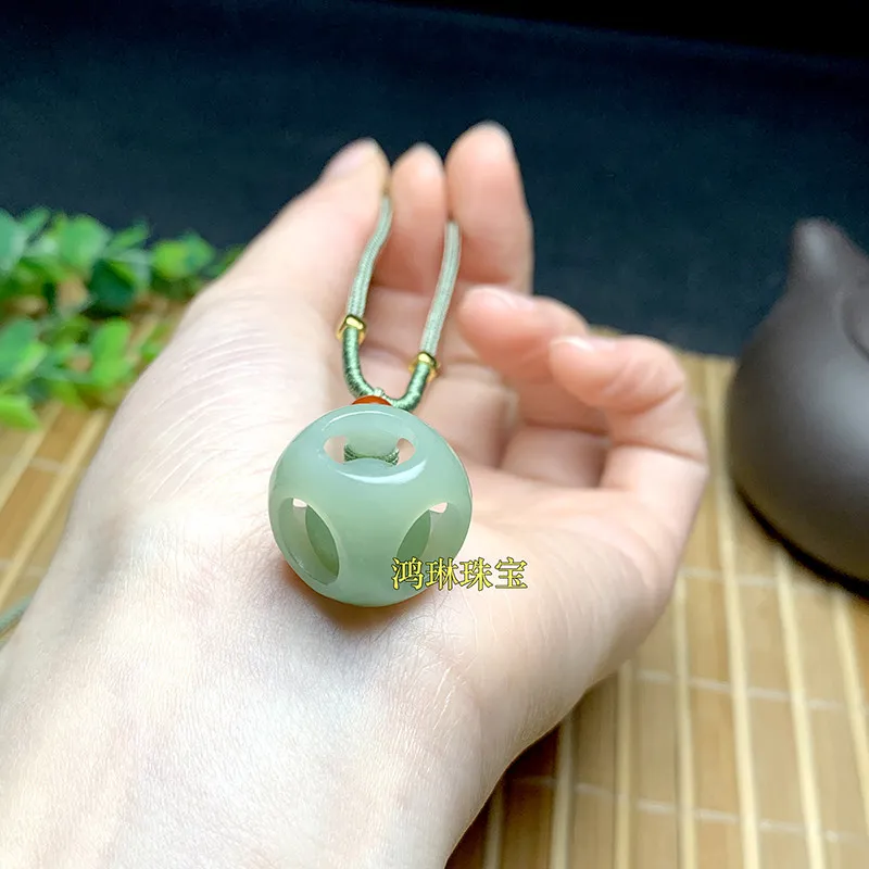 Natural Hetian Yuqing Water Passepartout Jade Pendant Dice Small Slip Bafanglai Transfer Bead