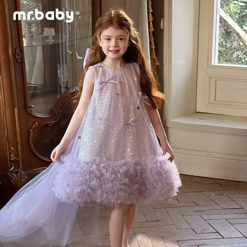 Girl's 2026 New Fashionable Purple Bow Sequin Puffy Tulle Princess Tank Dress