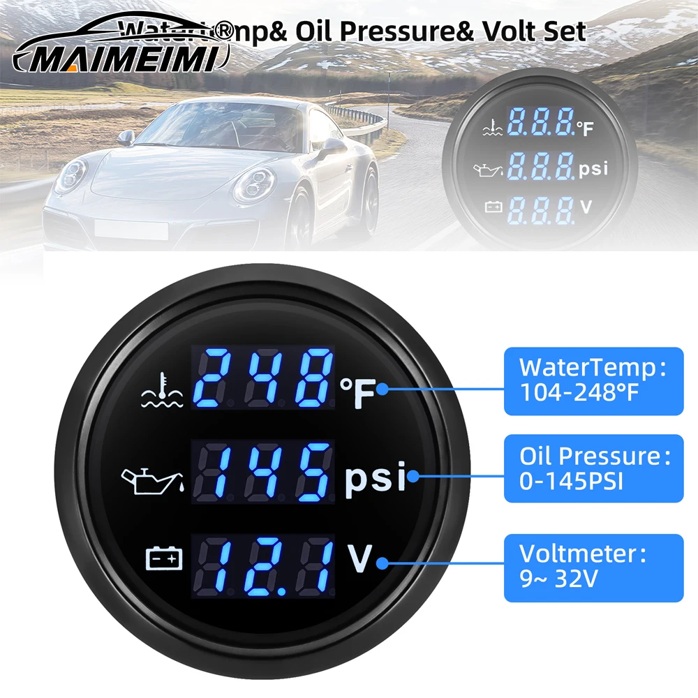

Water Temperature+Oil Pressure+Voltmeter 3 In 1 Digital 52mm Gauge with Signal Alarm Blue LED Backlight For 12V SUV Truck Boat
