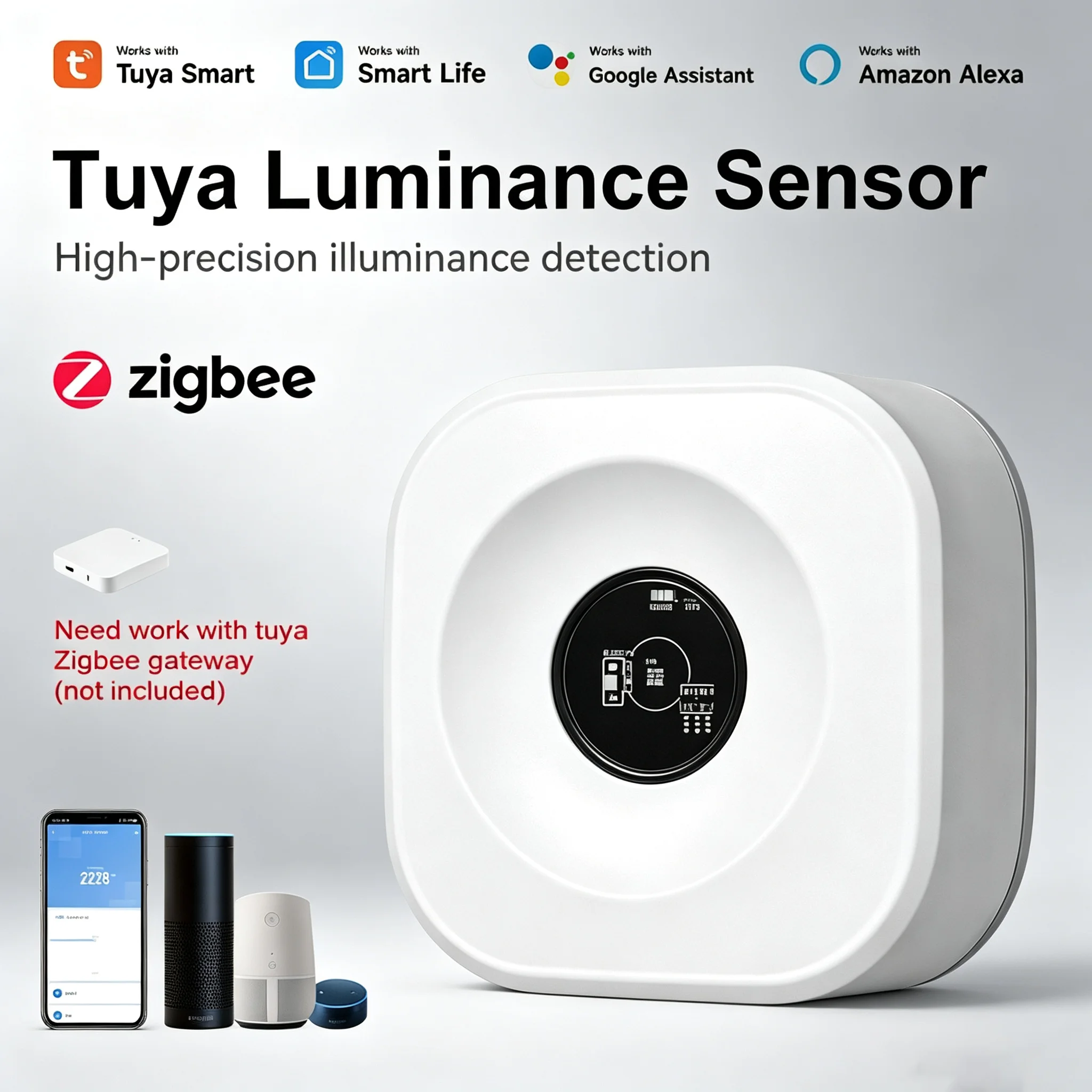 Tuya Zigbee Beleuchtungsstärke-Sensor für Smart Life App, Hochempfindlicher Lichtdetektor für Innenräume, Kompatibel mit Alexa und Google