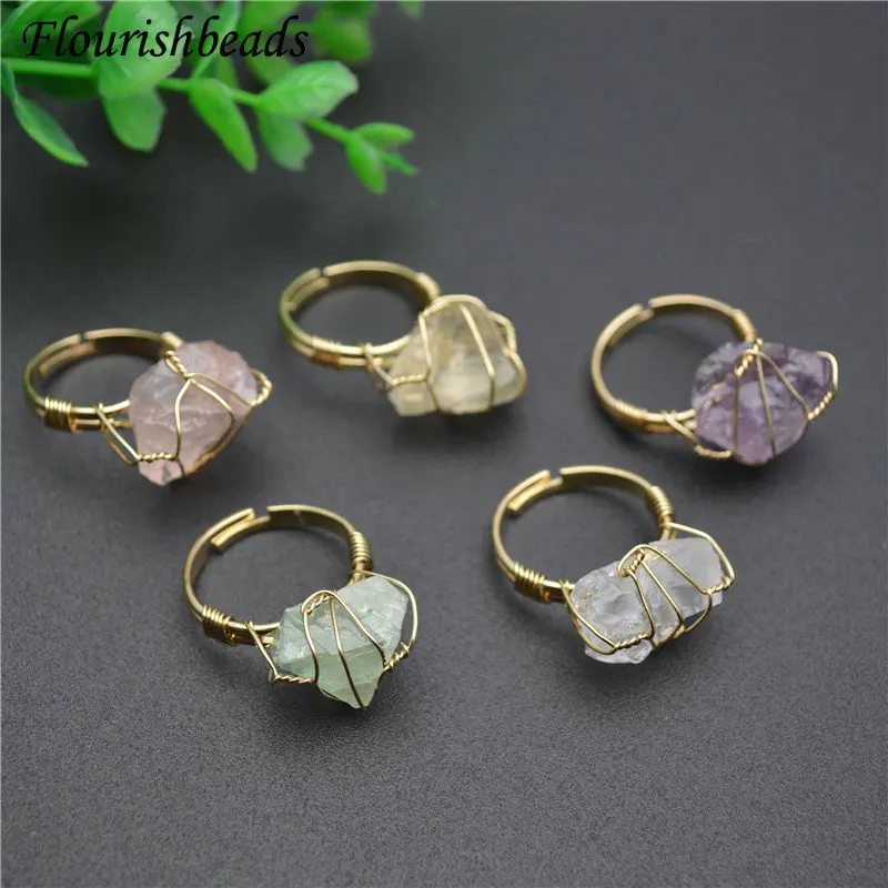 

Best-selling Wire Winding Natural Druzy Irregularl Shape Gemstone Rings Fashion Man Woman Party Jewelry Size Adjustable Gift