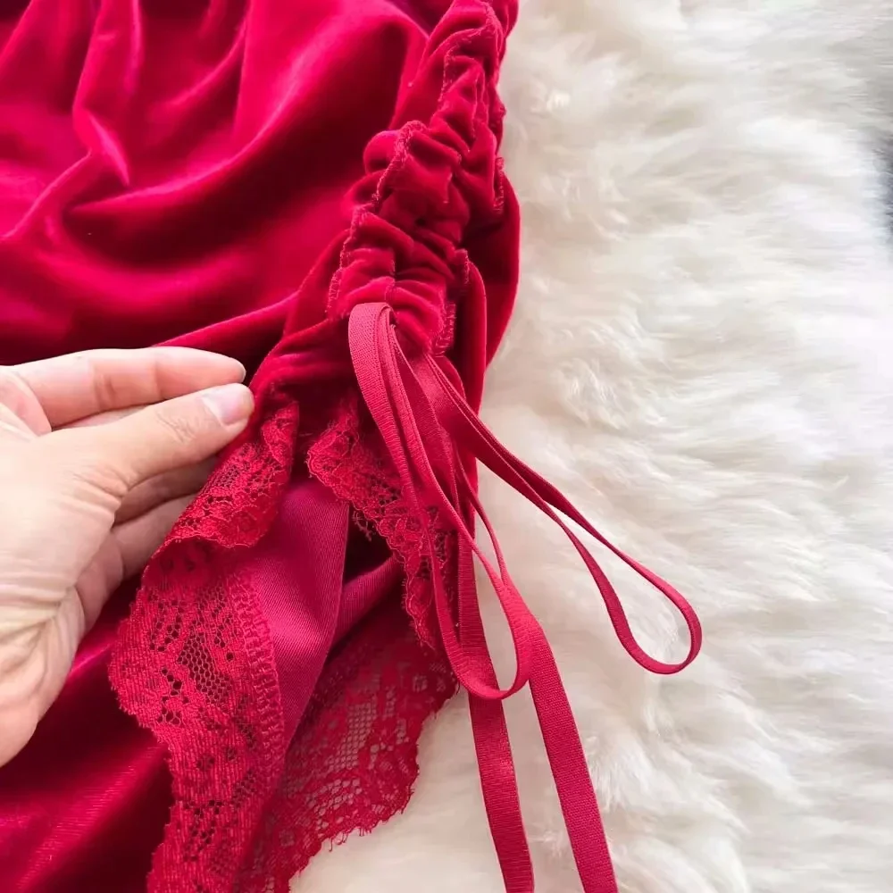 Robe Sexy en dentelle à bretelles croisées, col en v, Patchwork, plissée irrégulière, vêtements de nuit, Lingerie érotique pour femmes, dos nu, pyjama sans manches