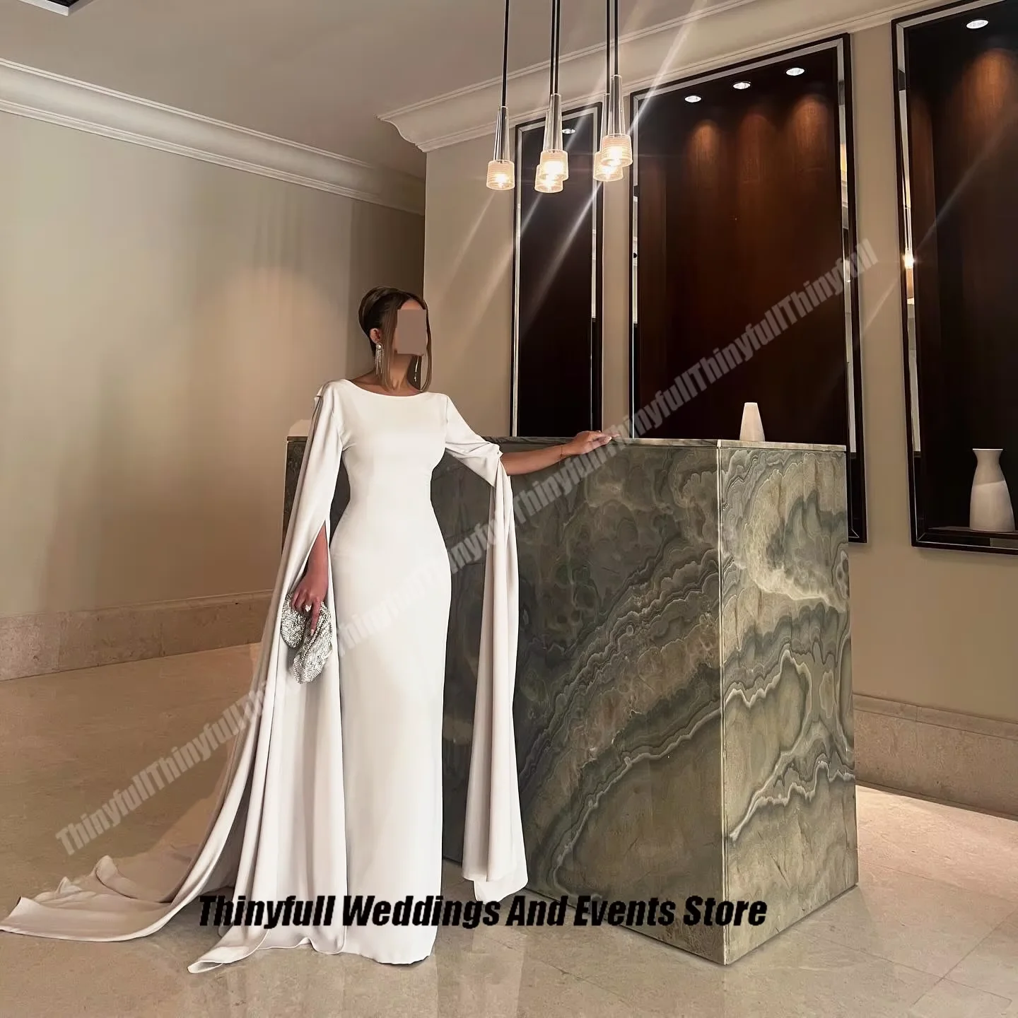 Thinyfull Mermaid Saudi Prom Dress Satin O-neck Full Sleeves Evening Party Gown Floor-length Customized Special Occasion Dress