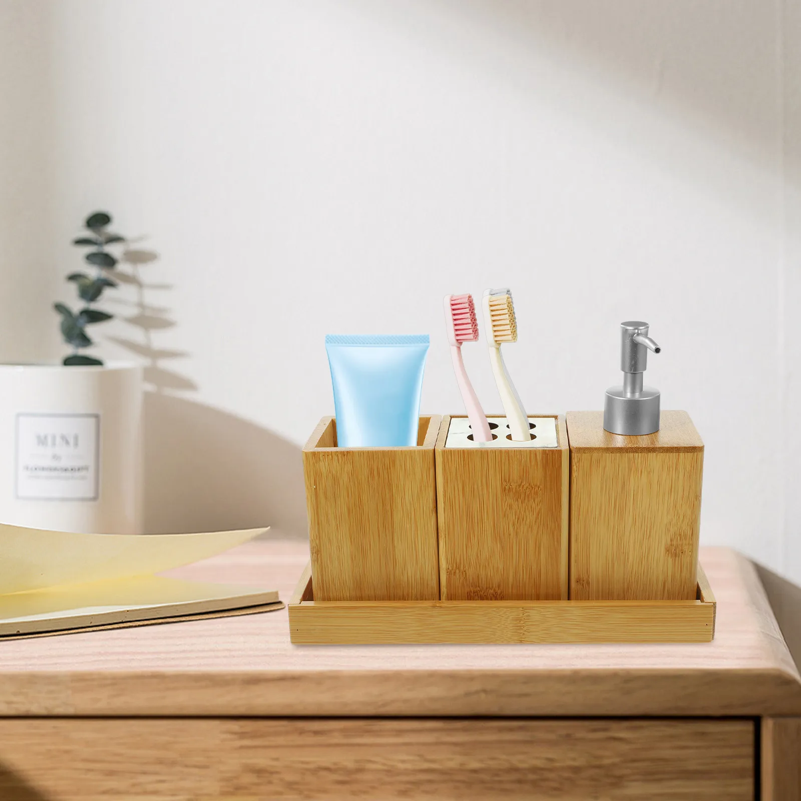 

1Set Modern Bamboo Bathroom Accessories Set Portable Compact Countertop Organizer with Toothbrush Holder Soap Dispenser Shampoo