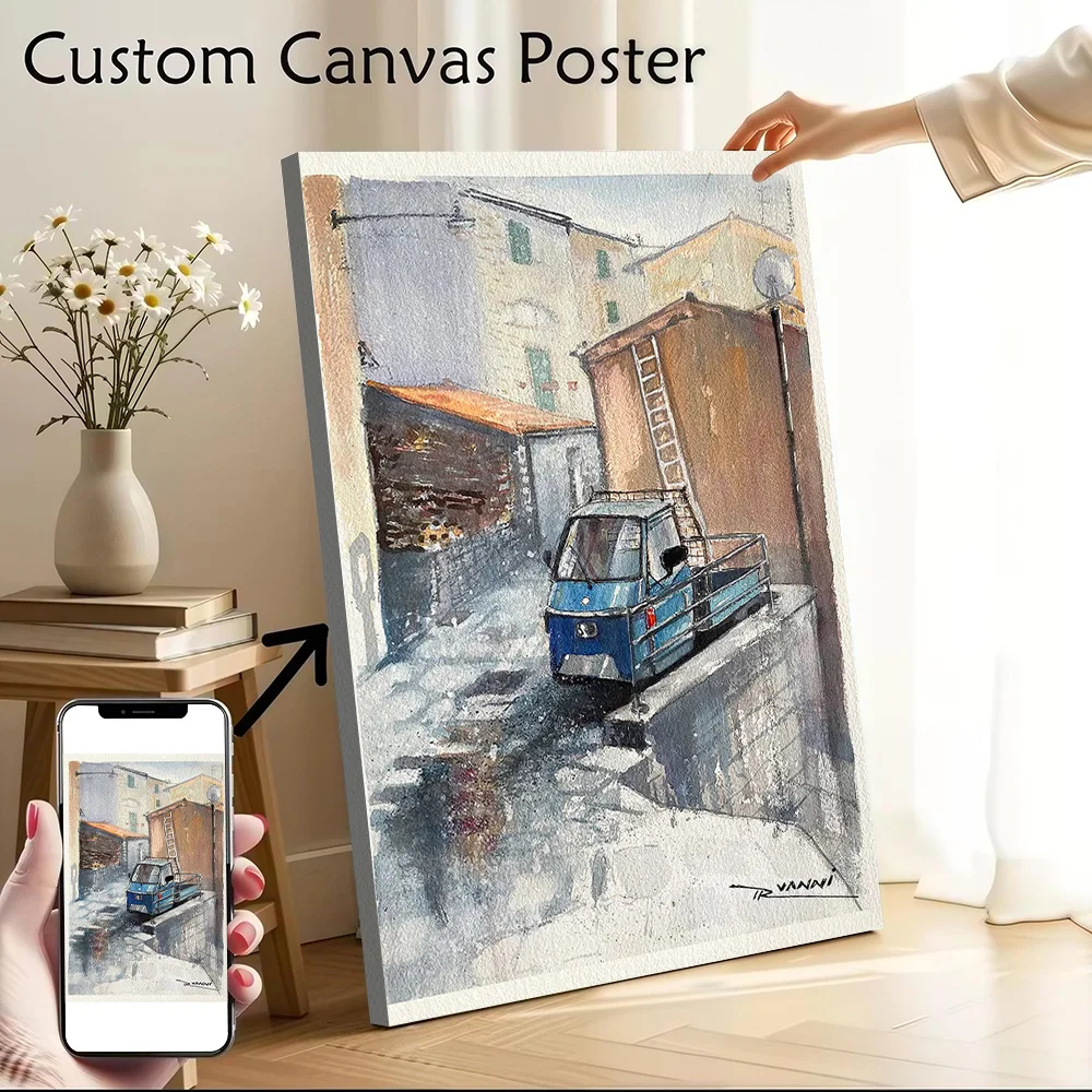 

Blue Piaggio Ape in Italian Alley Canvas Poster Customizable Pictures Wall Art Canvas Painting for Decorative Picture Wand Deko