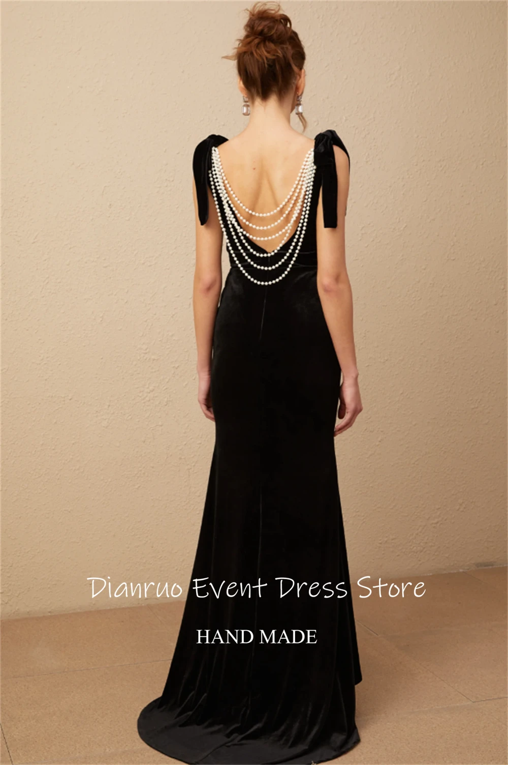 Dianruo Vintage Backless V Neck Evening Dress Back Pearls Maxi Vestidos De Fiesta Black Velvet Abiti Da Cerimonia Customized #2