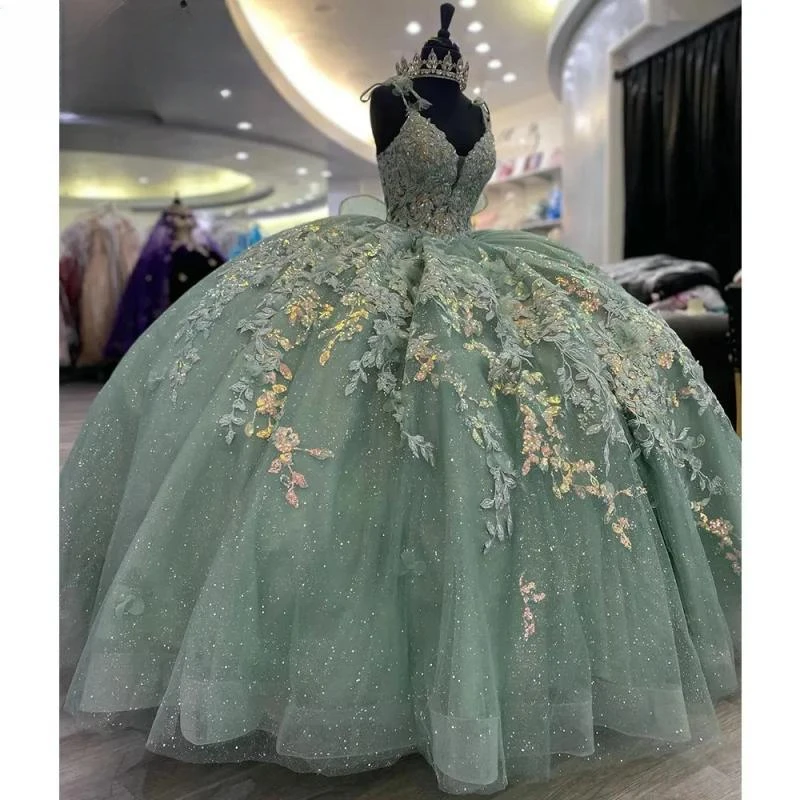 

Mint Green Sequined Appliques Beading Shiny Crystal Ball Gown Quinceanera Dresses Spaghetti Strap Bow Corset Vestidos De 15 Años