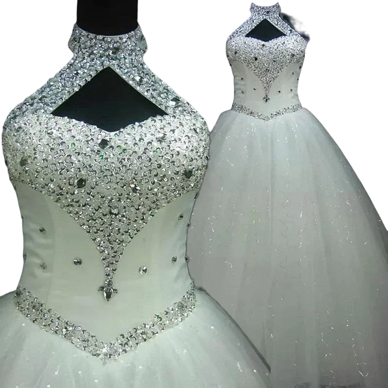 Customized  Halter Elegant White Heavy Beads Sequins Wedding Dress Luxury Crystal Vestido Vintage Plus Size Ballgown Bridal Gown