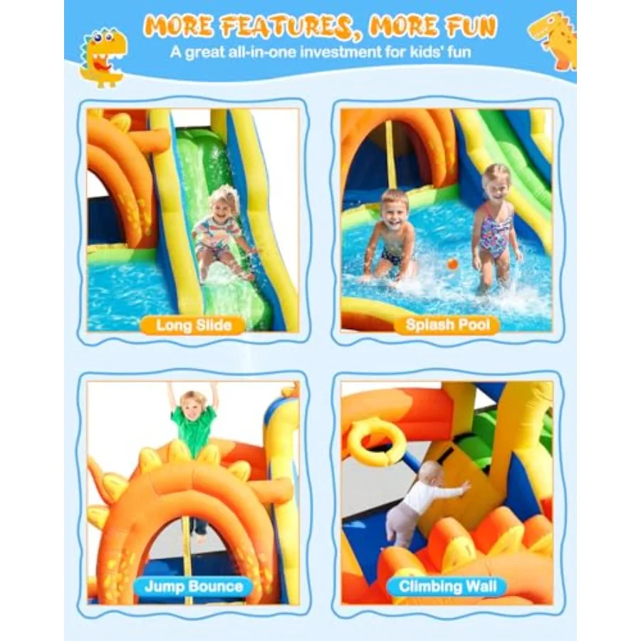 Dinosaur Inflatable Water Slide Park - 7 in 1 Bounce House for backyard play PVC material blue-green color dual indoor/outdoor