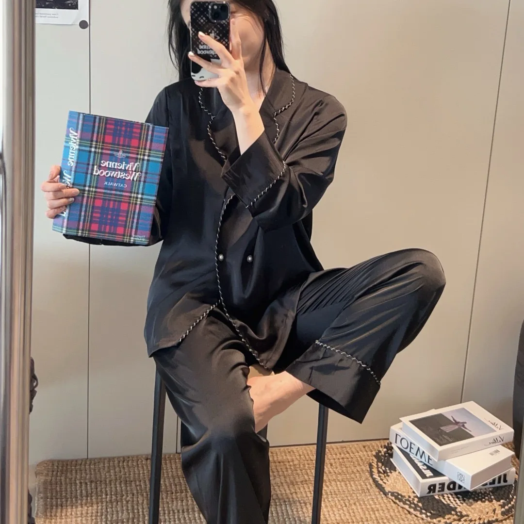 Nightwear 2026 Spring Women's High End Silk Suit Collar Double Breasted Light Luxury Nightwear Set Solid Color Flip Collar Pants