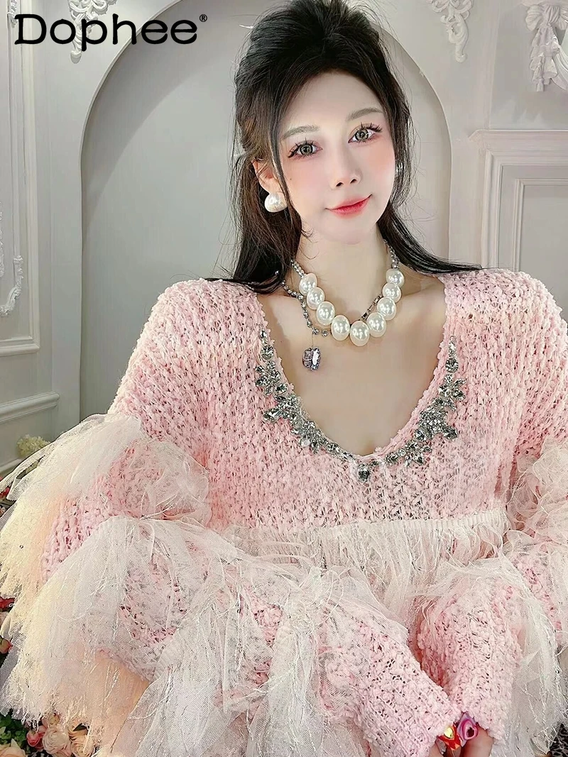 

Rhinestone Layered Lace Stitching Sweet Long Sleeve Sweater Autumn Winter Loose V-neck Pullover Mid-Length Knitted Top for Women