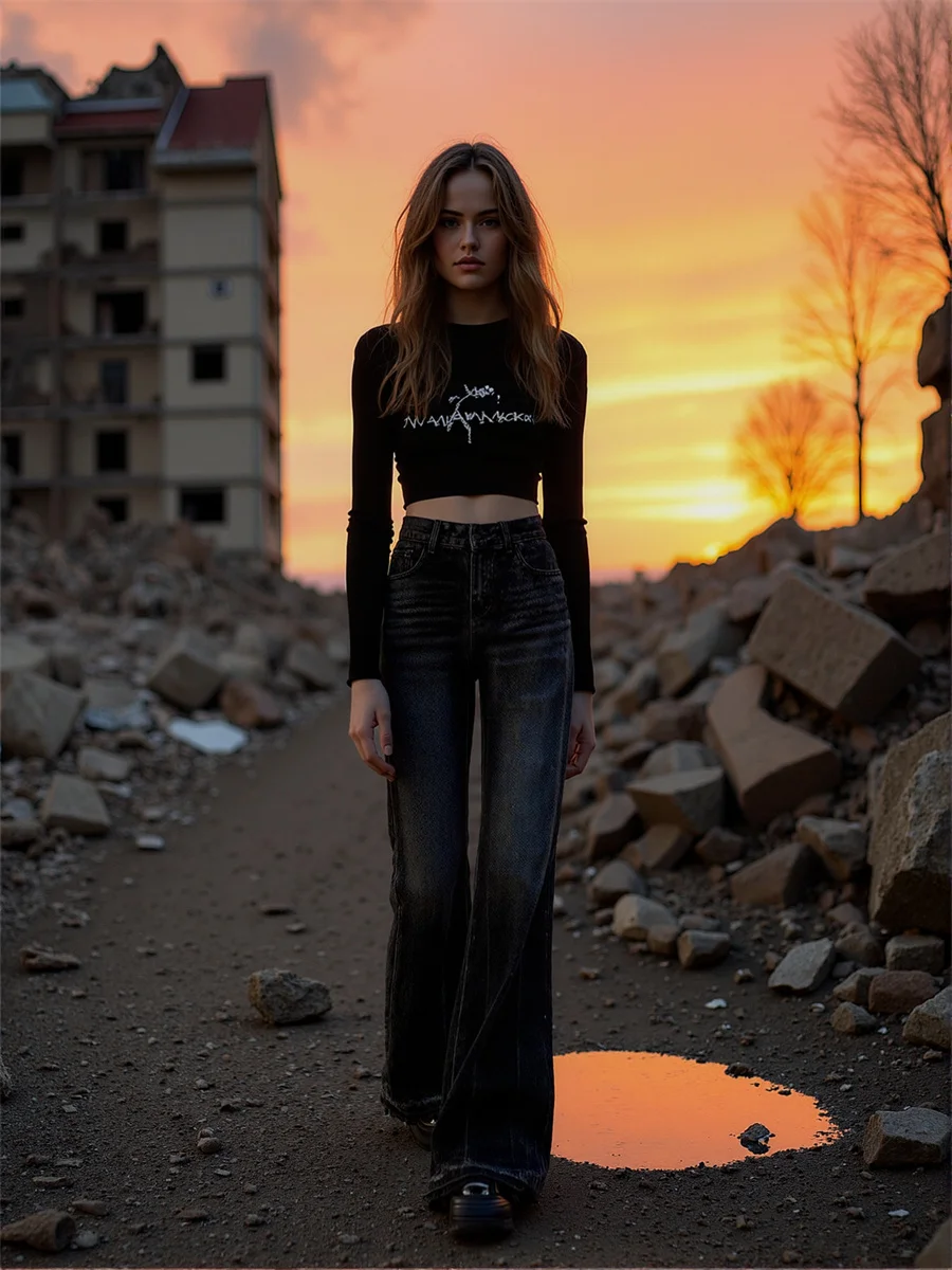 

Расклешенные потертые джинсы, женские джинсовые брюки 2025 года, женская одежда, весенняя вязаная одежда с градиентом, минималистичный рабочий женский профессиональный шик