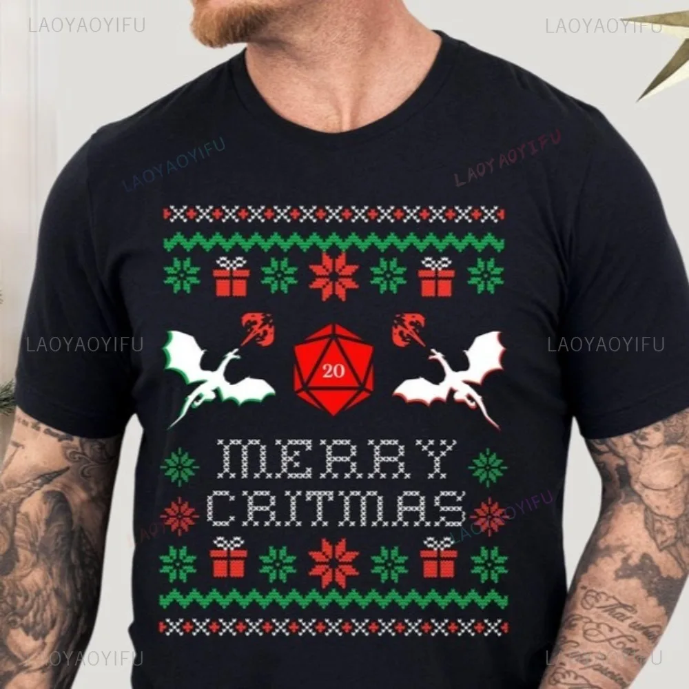 DND Merry Critmas Dungeons and Dragons D20 Dice TShirt Funny Board Game Lover Gift T Shirt Casual Fashion Short Sleeve Man Tees
