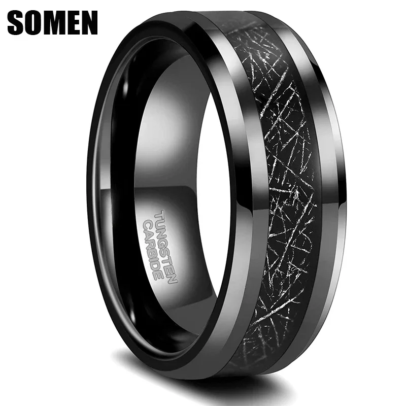 Somen Mens 8mm Tungsten Rings Black Silk Inlay Wedding Band High Polished Beveled Edges Engagement Ring For Male Jewelry