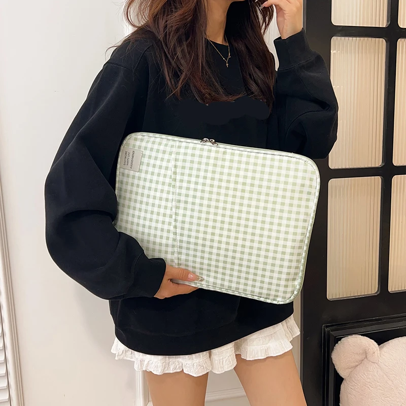 Plaid Laptop Sleeve 11.6 Inch Nylon Tablet Inner Bag Portable Notebook Computer Case Multi Pocket Organizer for Daily Travel