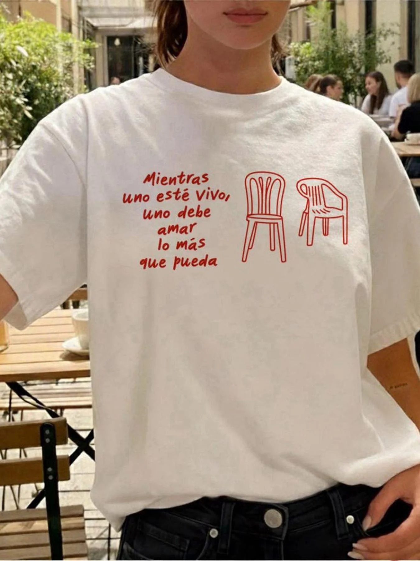 Spanish Letter Chair Graphic Tee White Summer Aesthetic T-Shirt Retro Quotes Cute Top Casual Short Sleeve Loose Streetwear