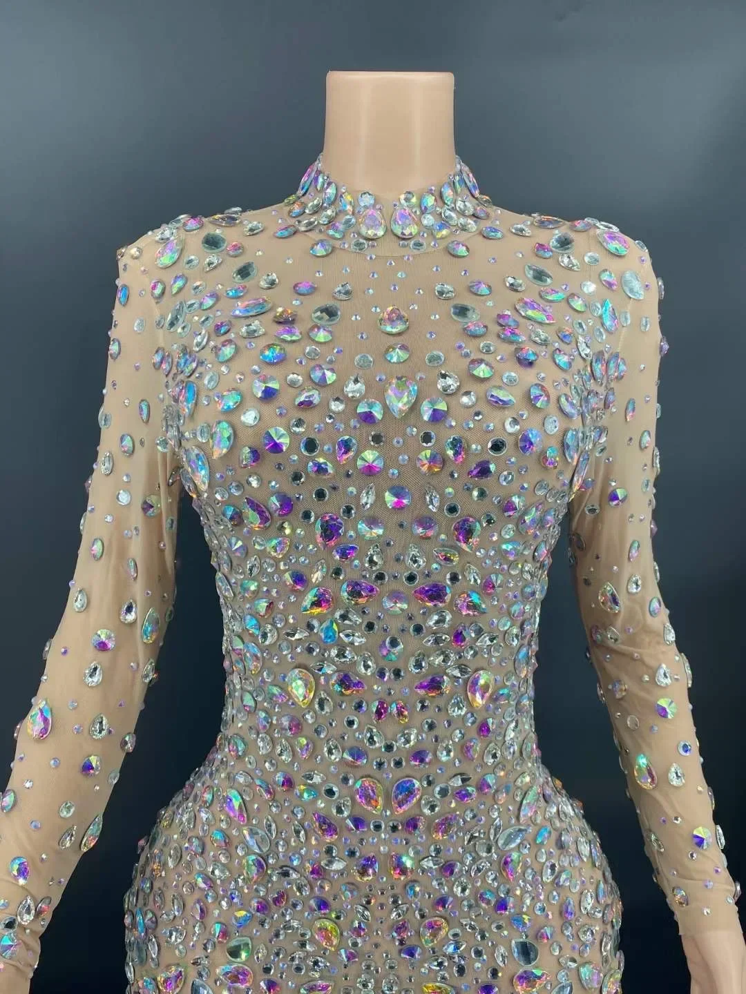 Monos sexis de manga larga con cuello alto y diamantes de imitación de cristal brillantes para mujer, leotardo, Bar, barra, club nocturno, disfraz de escenario