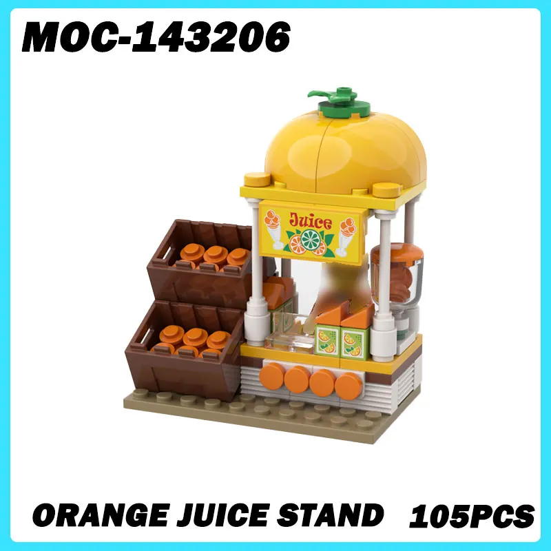 MOC-143206 Micro Architecture Série Jus D'orange Jaune Stand décennie s De Construction DIY Modèle Briques Jouets Brique Cadeaux De Noël 105Pcs