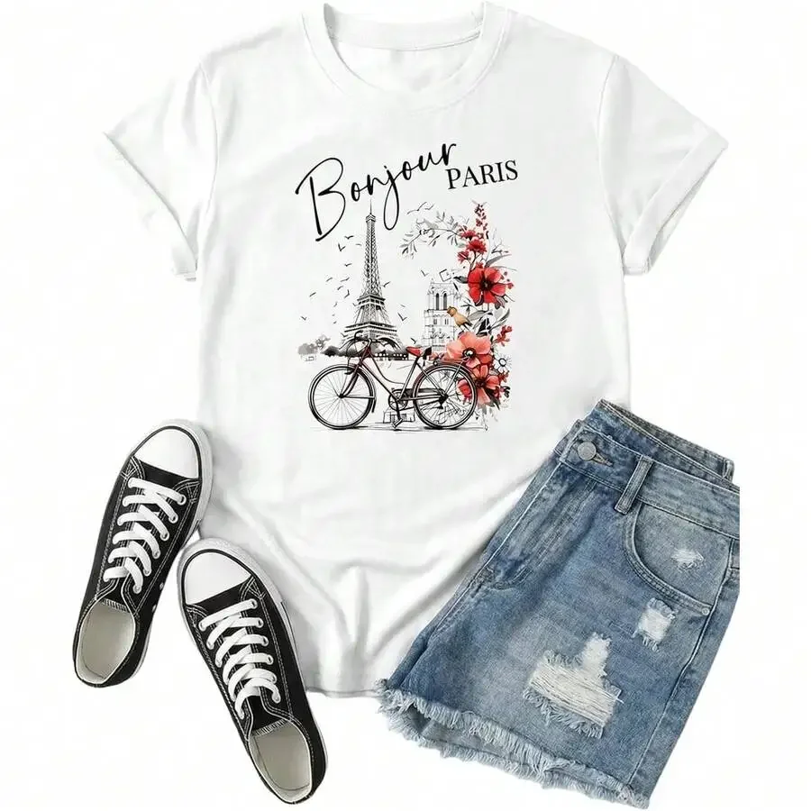 2026 Fashion New Arrival Paris Fashion Print Womens Crew Neck Regular T Shirt Summer Casual Daily Wear Short Sleeve Tee Basic Top T Shirt