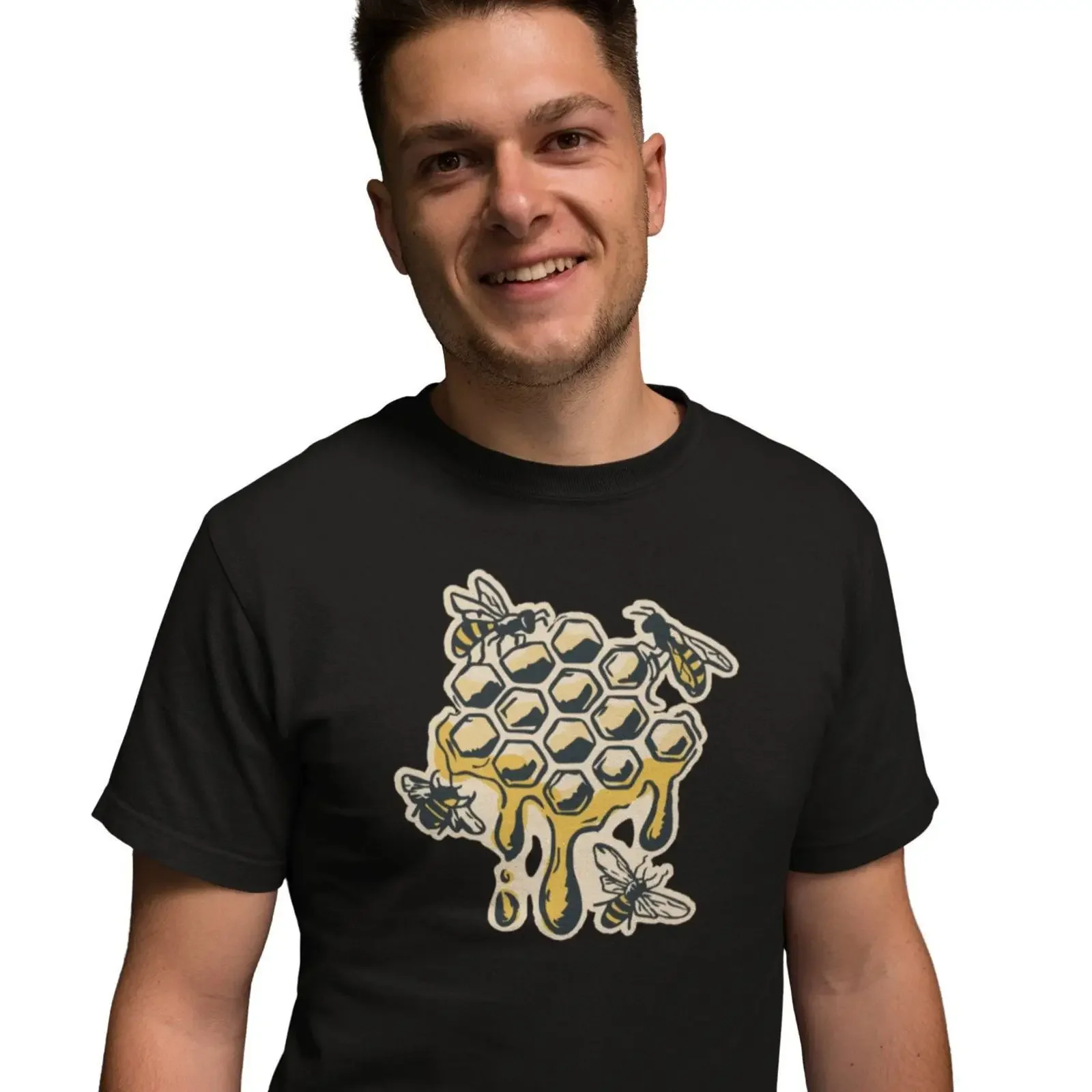 T-Shirt Herren Bienen-Grafik Natur Mann mit Honig Vintage Washed Fashion Unisex Streetwear Stretch-Oberteil für den Alltag