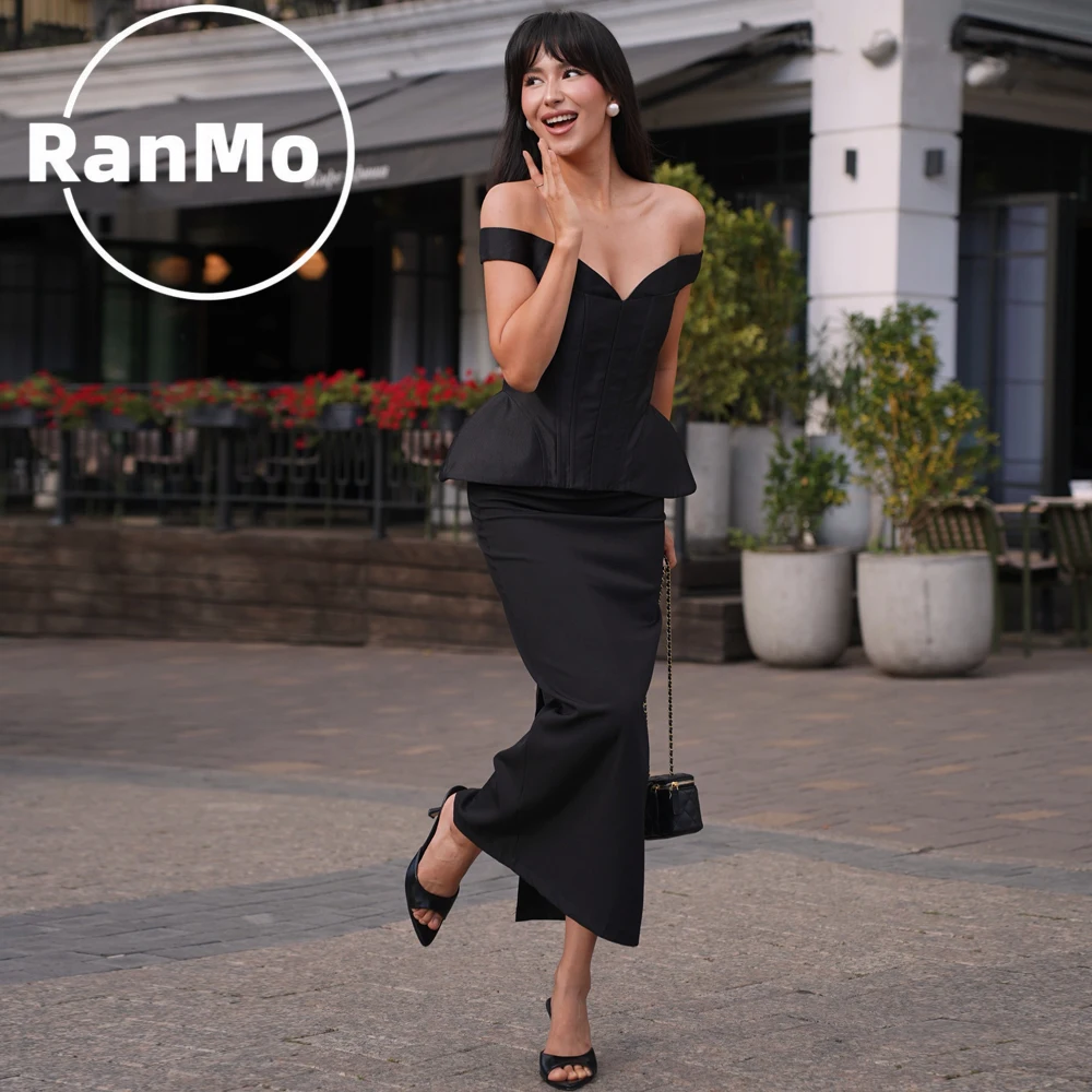 Ranmo Elegant Satin 2Pcs Mermaid Ruffle Evening Gown Off Shoulder Ankle-Length Backless Prom Gown شارون سعيد فساتين س Customized