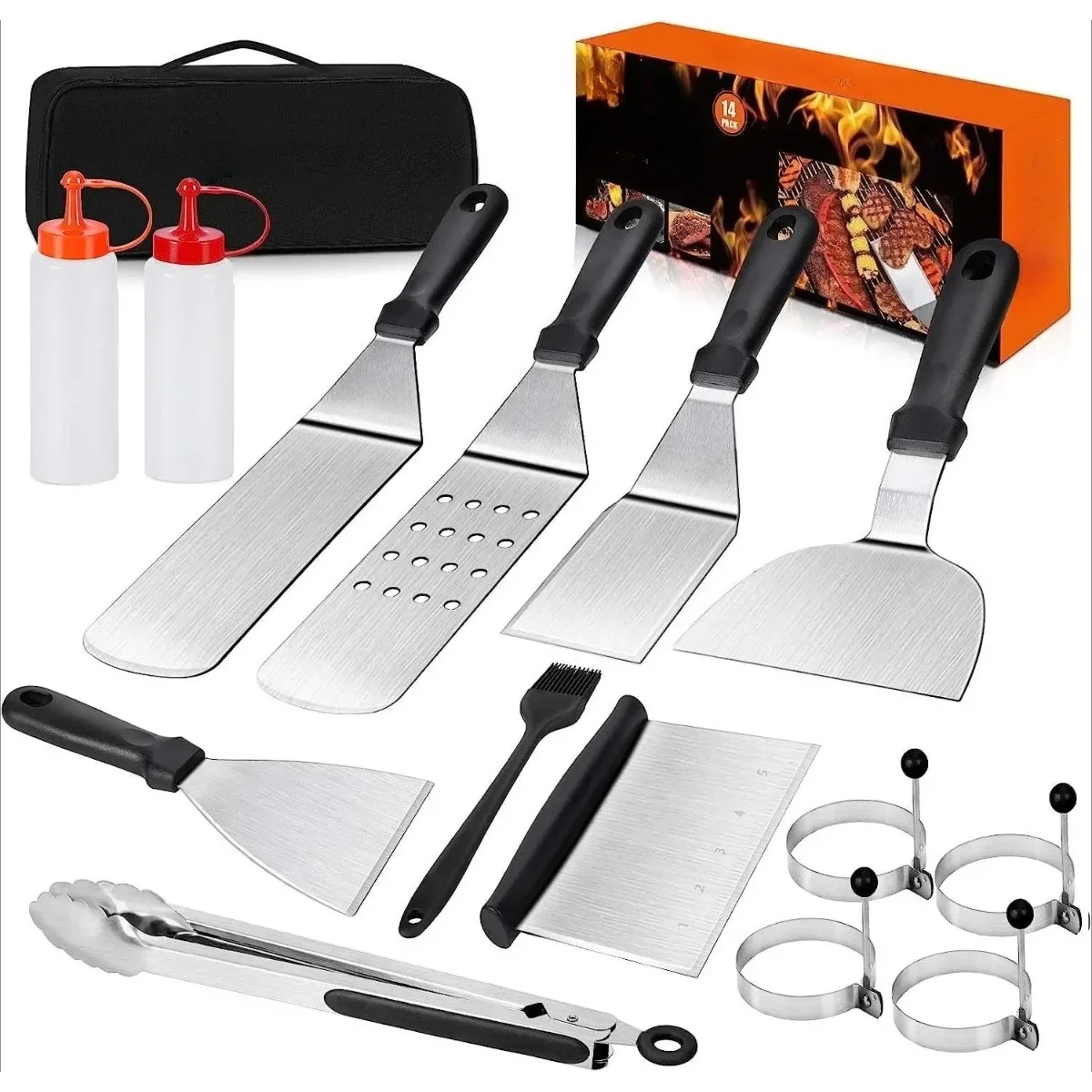 14PCS Stainless Steel Griddle Grill Tool Professional Grill Clamp Spatula Fried Egg Ring Perfect Barbecue Gift for Family Friend