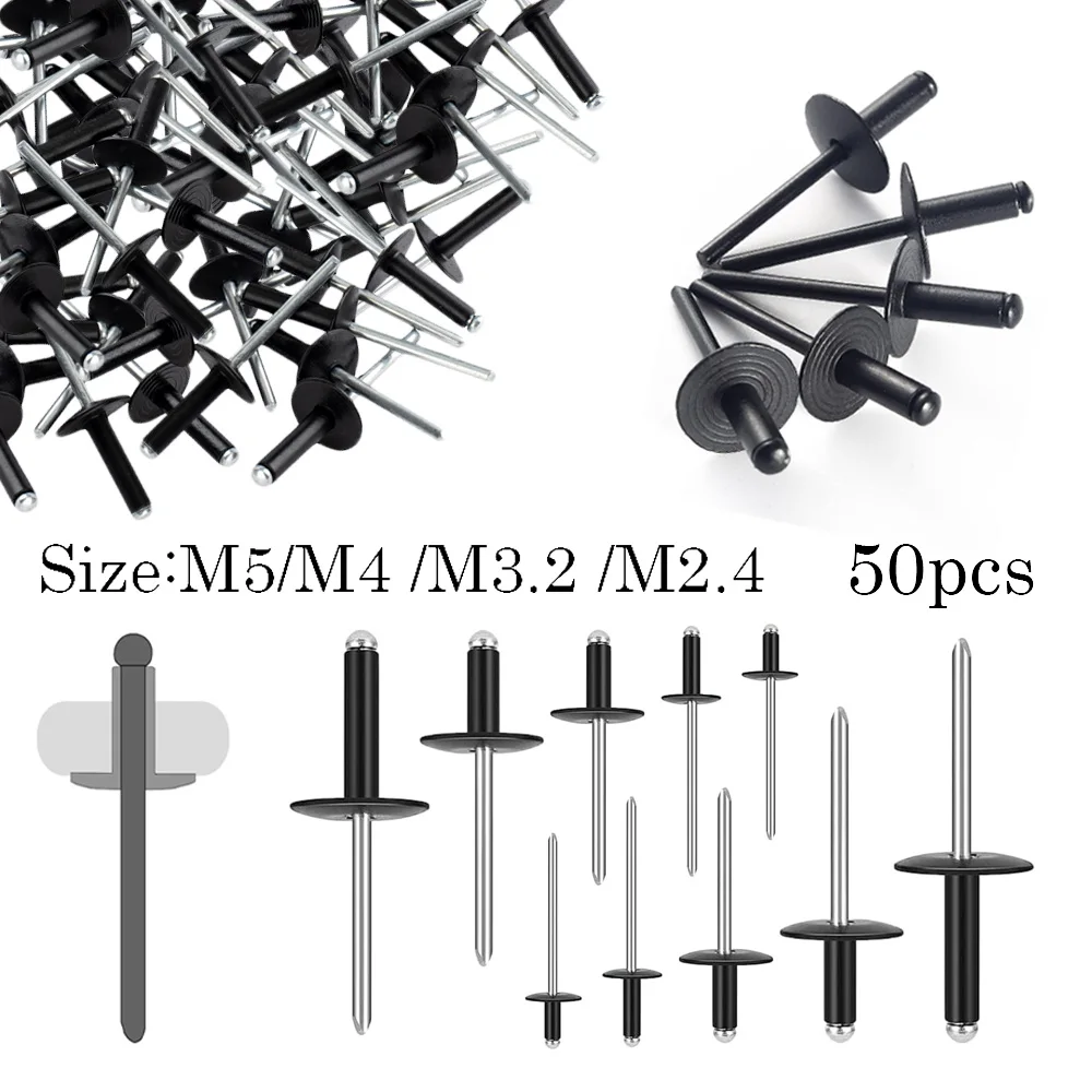 50Pcs Black Aluminum Blind Rivets M2.4 M3.2M4 M5 Dome Head Pops Rivets for Aluminum Sheet Steel Exhaust Mandrel
